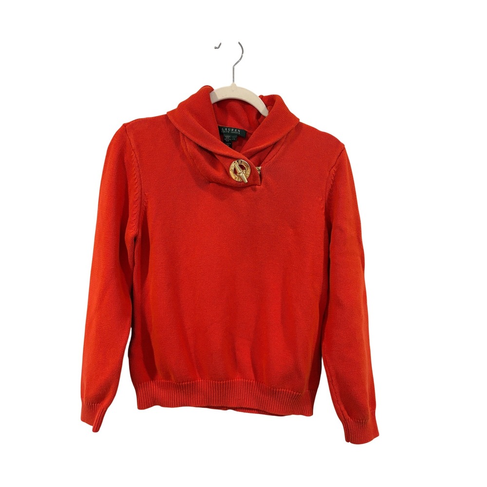 Vintage Lauren Ralph Lauren Orange Shawl Collar Sweater Gold Toggle L